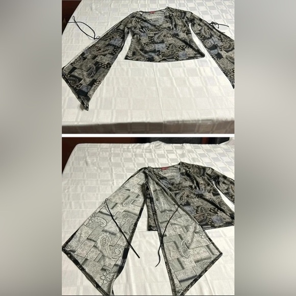 Vtg,open bell sleeve top,some velvet,paisley,XS, surplice,fairygoth,boho,ties.EC - Picture 5 of 15